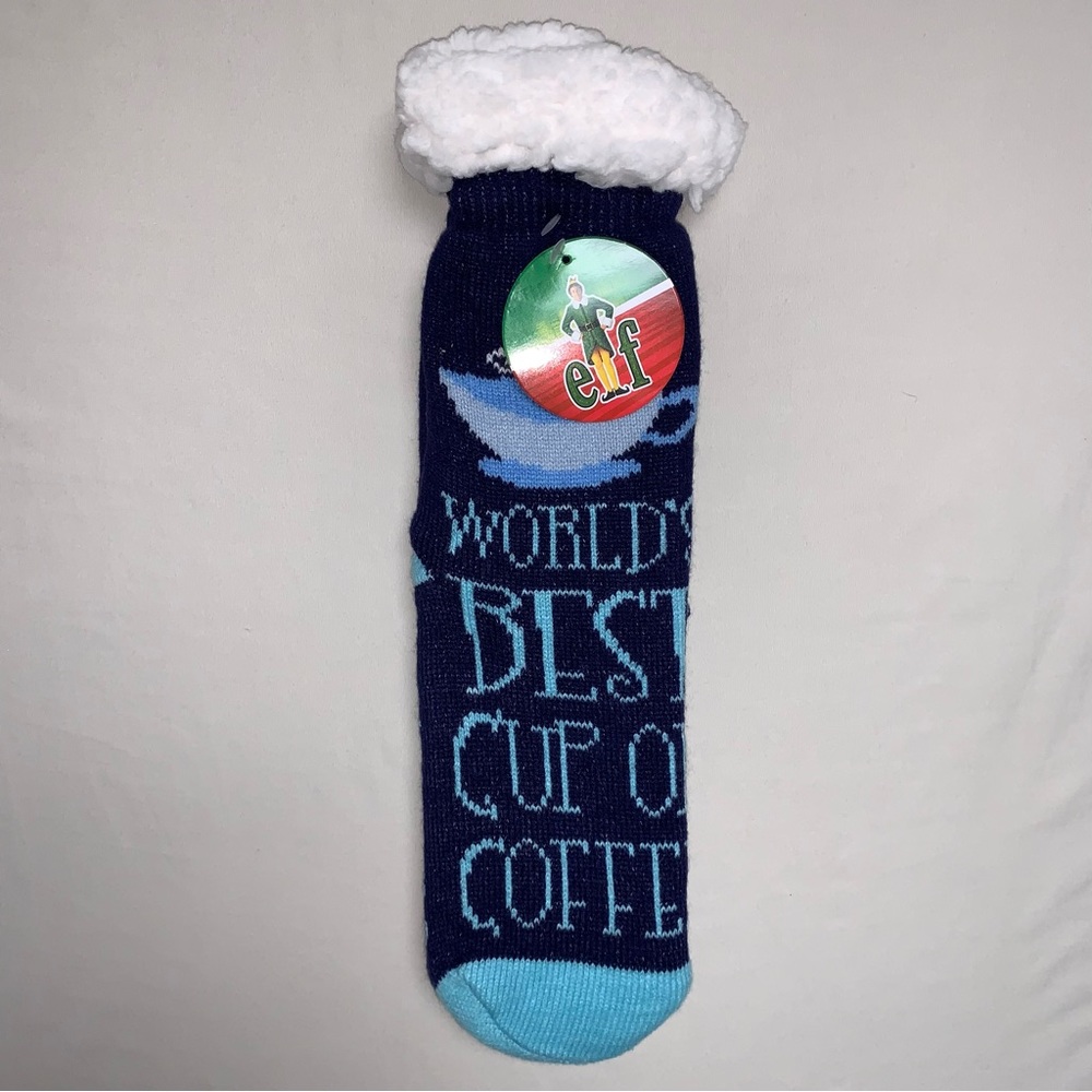 NEW ELF Worlds Best Cup Of Coffee Sherpa Lined Socks Christmas Cozy Winter Warm
